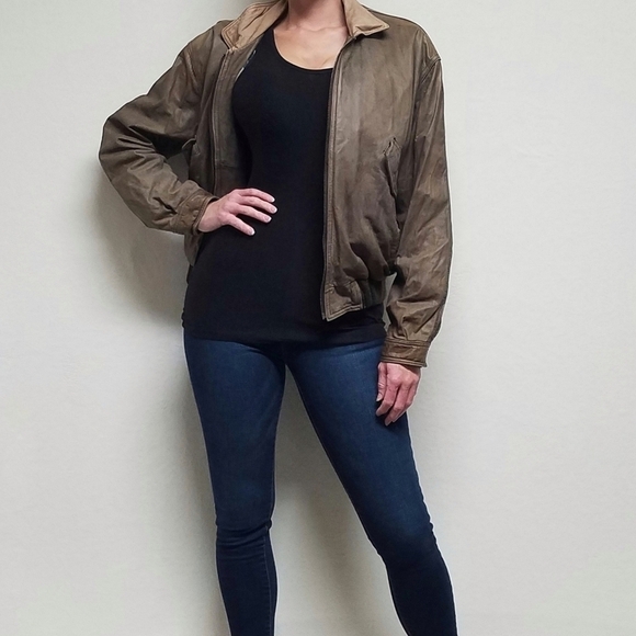 VINTAGE 80s American Eagle Outfitters Distressed Leather Bomber Jacket Medium - Picture 2 of 16